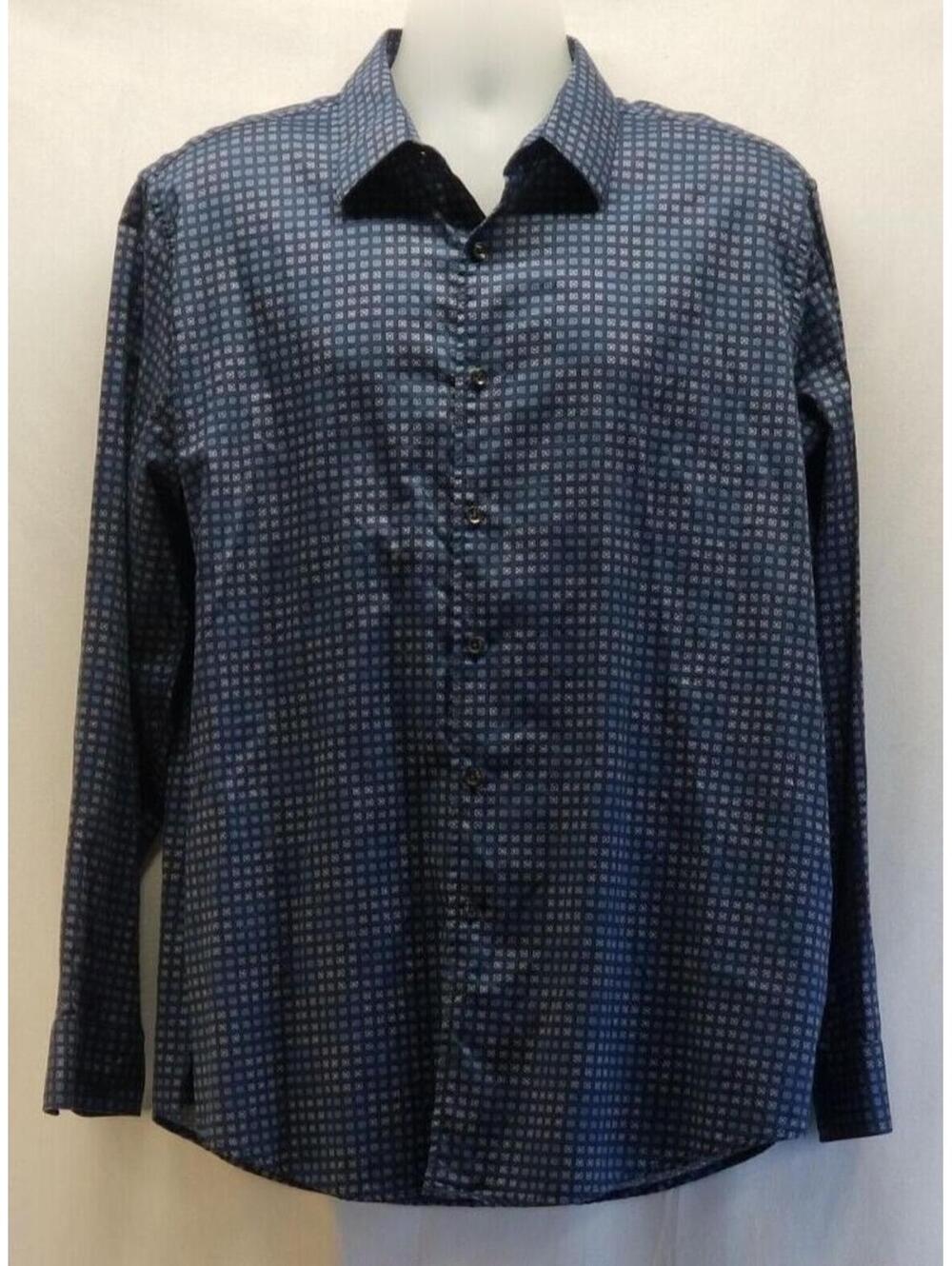 Tasso Elba Checkered Shirt Size XLarge Blue Long Sleeve Button Up Linen Cotton